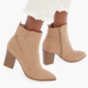 JustFab Ginnee Block Heeled Bootie - Taupe